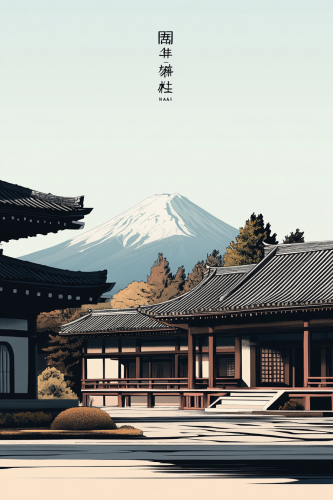 A Japanese temple with Mt. Fuji