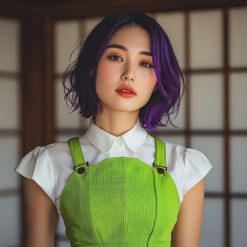A Japanese woman in a green dress poses