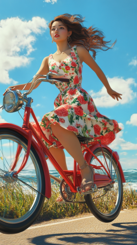 A Japanese woman rides bike by ocean