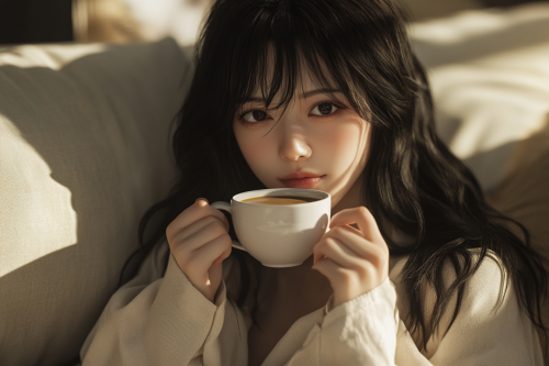 A Japanese woman sipping coffee in chic home
