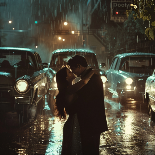 A Jewish couple embraces passionately in the rain