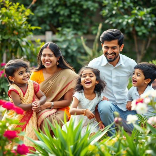 A Joyful Indian Family Playing in the Garden
