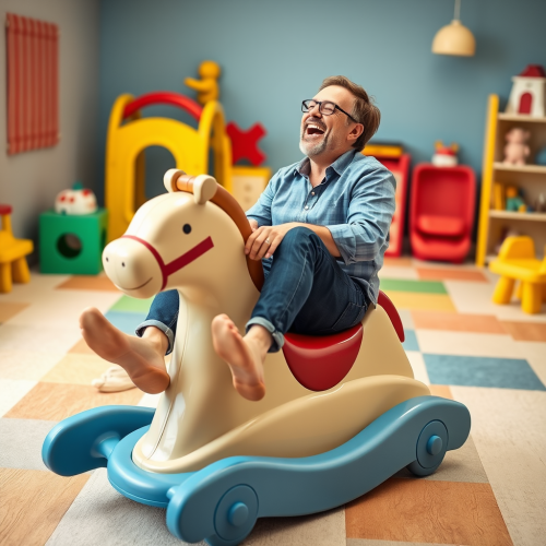 A Joyful Parent Playing on Oversized Playground Toy