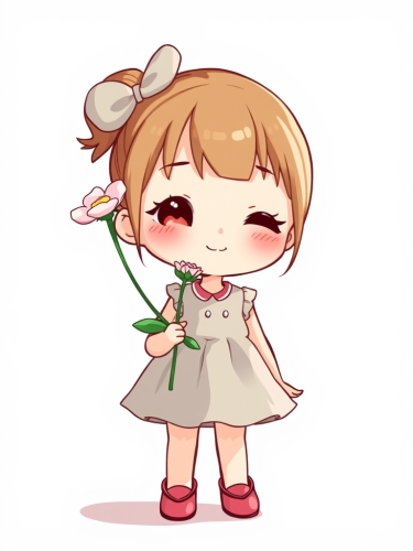 A Kawaii Girl Holding a Flower in Dress