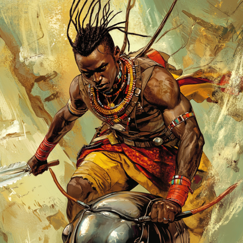 A Kenyan superhero in Maasai tribal suit charges