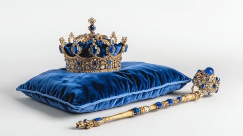 A King's Crown and Sceptre on Blue Cushion