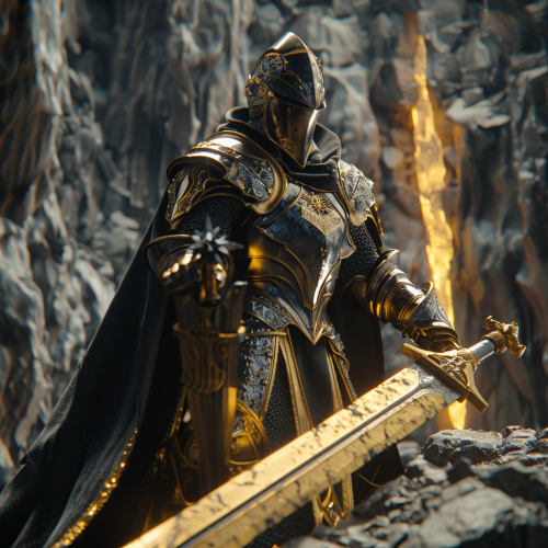 A Knight in Golden Armor removes Excalibur from Rock