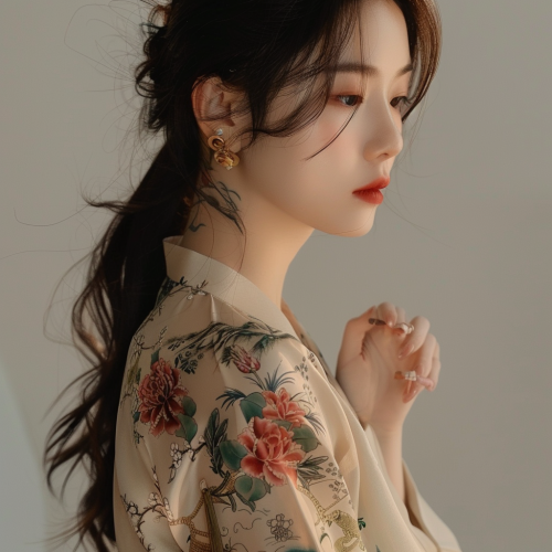 A Korean girl with beautiful tattoos and clothing.