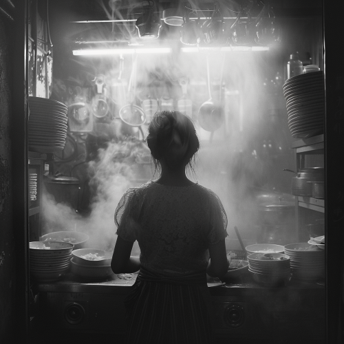 A Korean woman cooking in traditional kitchen