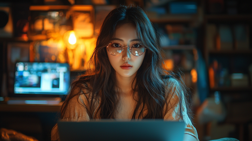 A Korean woman editing a video on laptop