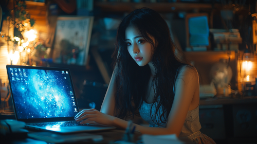 A Korean woman in tank top on laptop