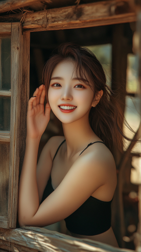 A Korean woman smiling in a cabin doorway