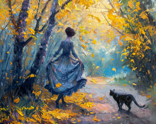 A Lady and Cat in Secret Autumn Forest