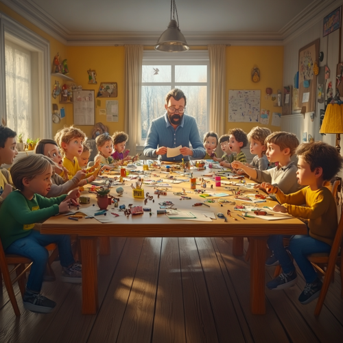 A Latin adult leads a chaotic kids' meeting