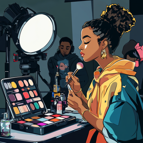 A Latino Makeup Artist on Film Set applying Touch-ups.