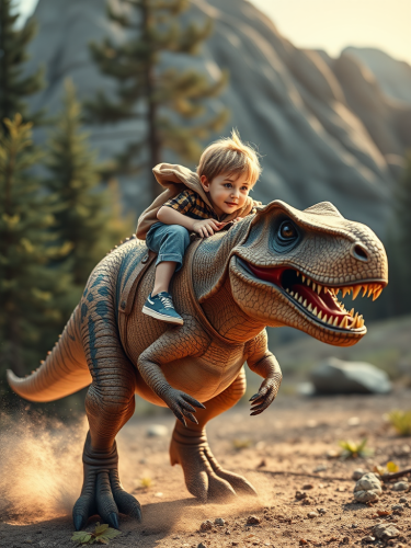 A Little Boy Riding a Vibrant T-Rex