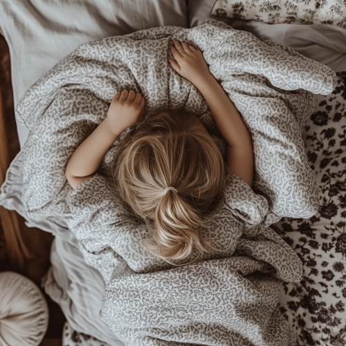 A Little Girl Napping Under Grey Duvet.