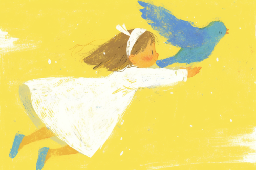 A Little Girl Soaring with Bird in Air
