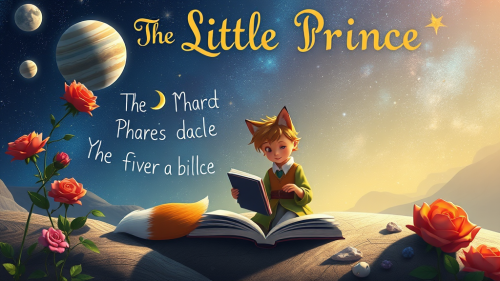 A Little Prince reading with fox and rose.