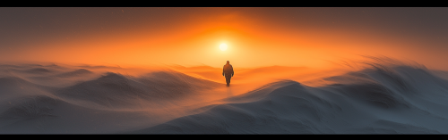 A Lone Figure in Sandstorm at Desert Sunset