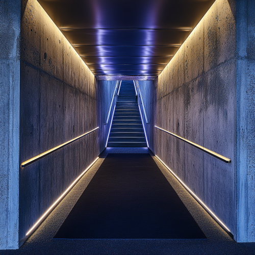 A Long, Dark Corridor with Reflective Metal Finish