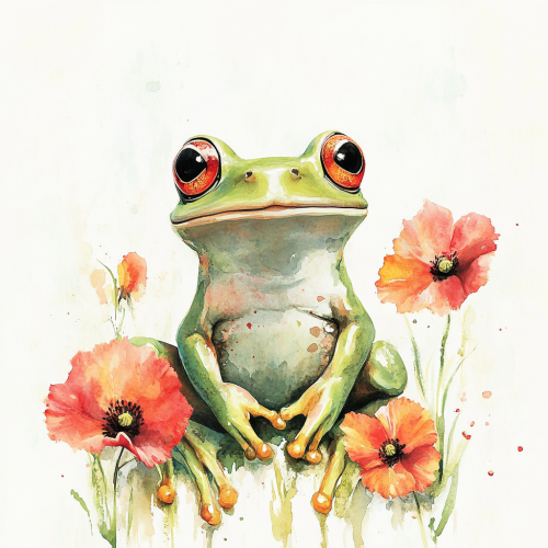 A Lovely Green Frog Smiling with Poppies