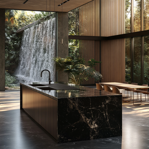 A Luxurious Modern Kitchen in a Waterfall Mansion