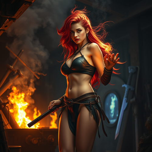 A Magical Blacksmith Crafting Glowing Weapons at Night