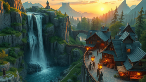 A Majestic Waterfall in Enchanted Medieval Village