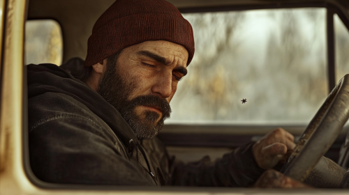 A Man's Blissful Moment Inside Beige Pickup Truck