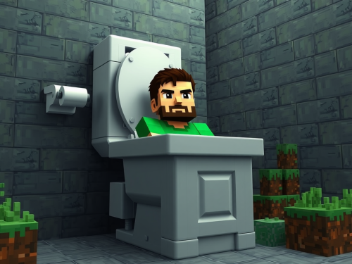 A Man's Head Emerging from a Giant Minecraft Toilet