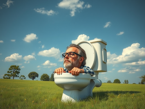 A Man's Head Emerging from a Giant Toilet