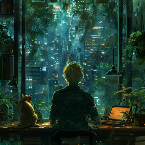 A Man, Cats, Forest Cityscape: Contemplative Cozy Workspace A Man, Cats, Forest Cityscape: Contemplative Cozy Workspace