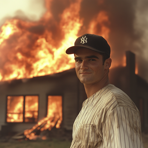 A Man in Baseball Uniform Smiling By Fire