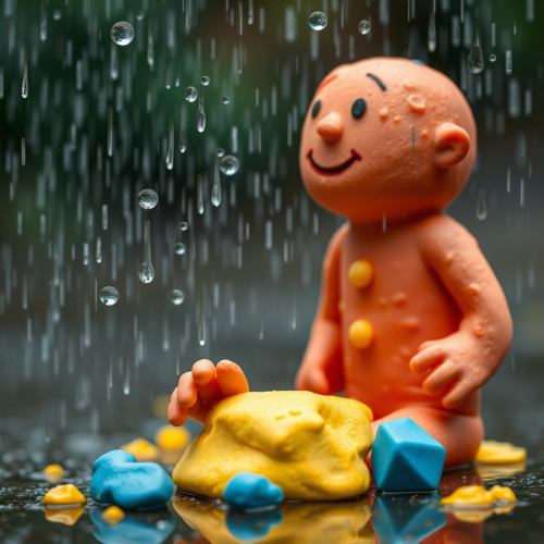 A Man in Rain in Childish Dough Style