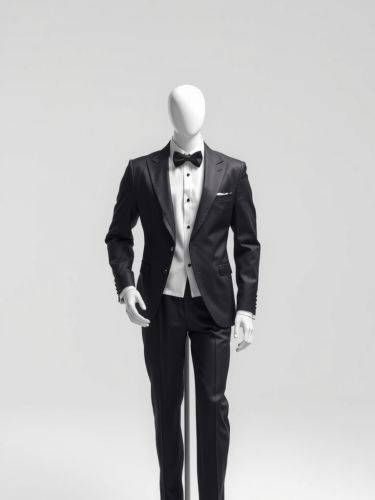 A Mannequin in Black Tuxedo in White Studio