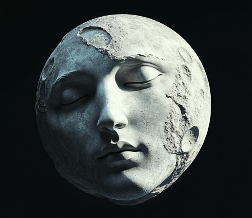 A Marble Moon Statue Against Black Background