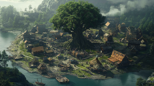 A Medieval Village With Oak Tree Marketplace