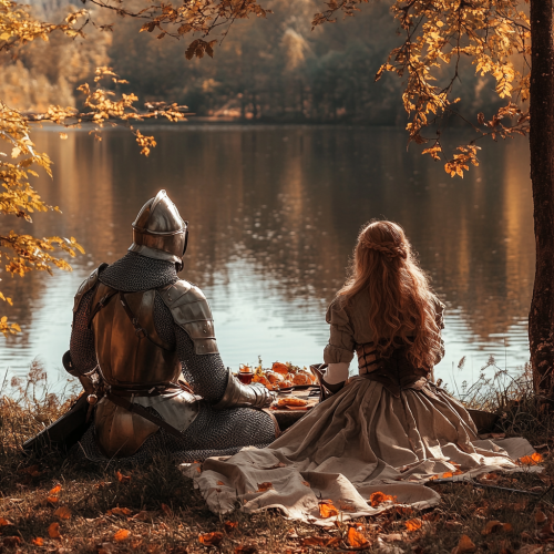 A Medieval knight and lady picnic by lake