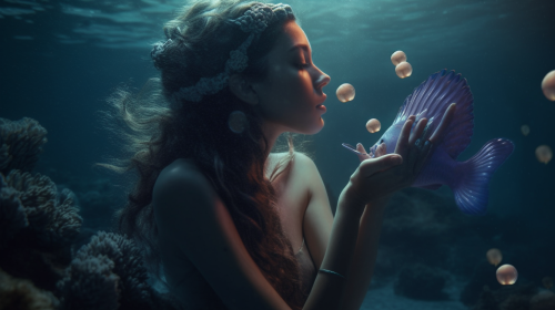 A Mermaid Holding Glowing Pearl Underwater