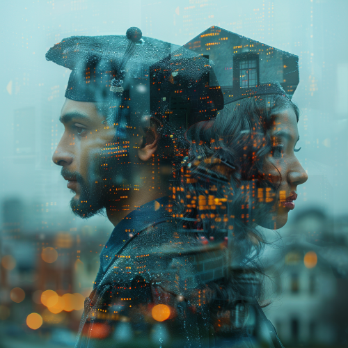 A Middle Eastern male and black female stand together in graduation caps with university background