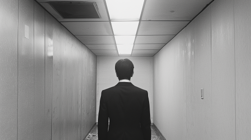 A Middle-aged Korean Businessman Walking Down Office Corridor