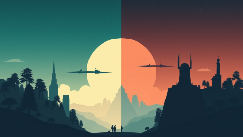 A Minimalist Poster of Utopian vs Dystopian Worlds