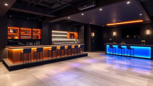 A Modern Basement Dance Floor with Amenities