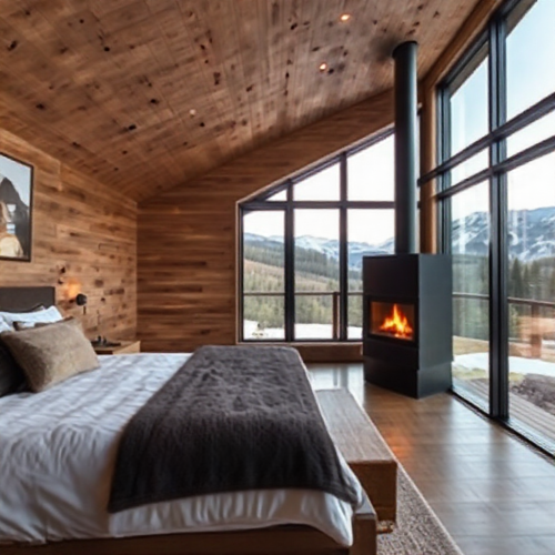 A Modern Cabin Bedroom Overlooking the Mountains