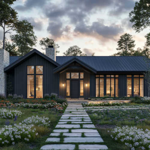 A Modern Farmhouse with Elegant Flowers at Dusk