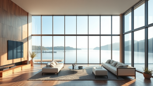 A Modern Mansion Living Room Overlooking a Lake