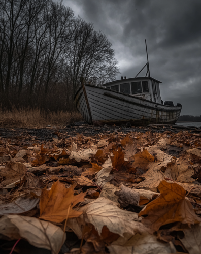 A Moody Scene: Maple Leaves, Old Boat, Cloudy Sky