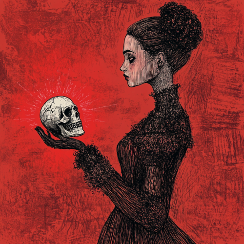 A Mysterious Woman with Skull in Dim Light A Mysterious Woman with Skull in Dim Light