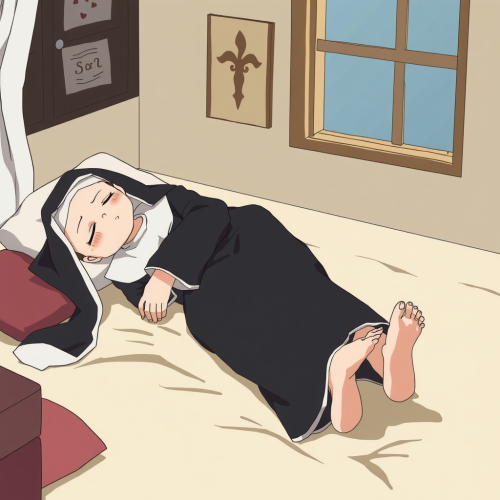 A Nun Sleeping Barefooted in Anime Style